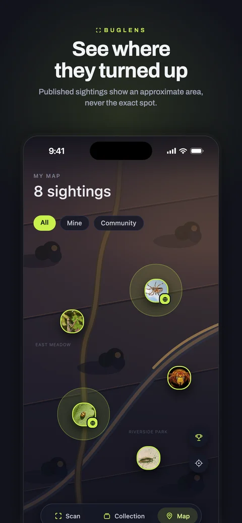 BugLens screen — sightings map of your area