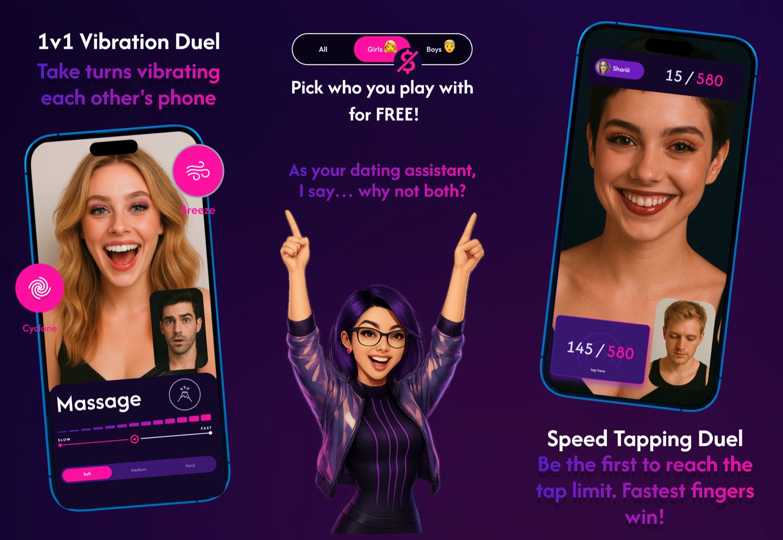 VibMe interactive duels — vibration duel and speed tapping games guided by Vibi AI