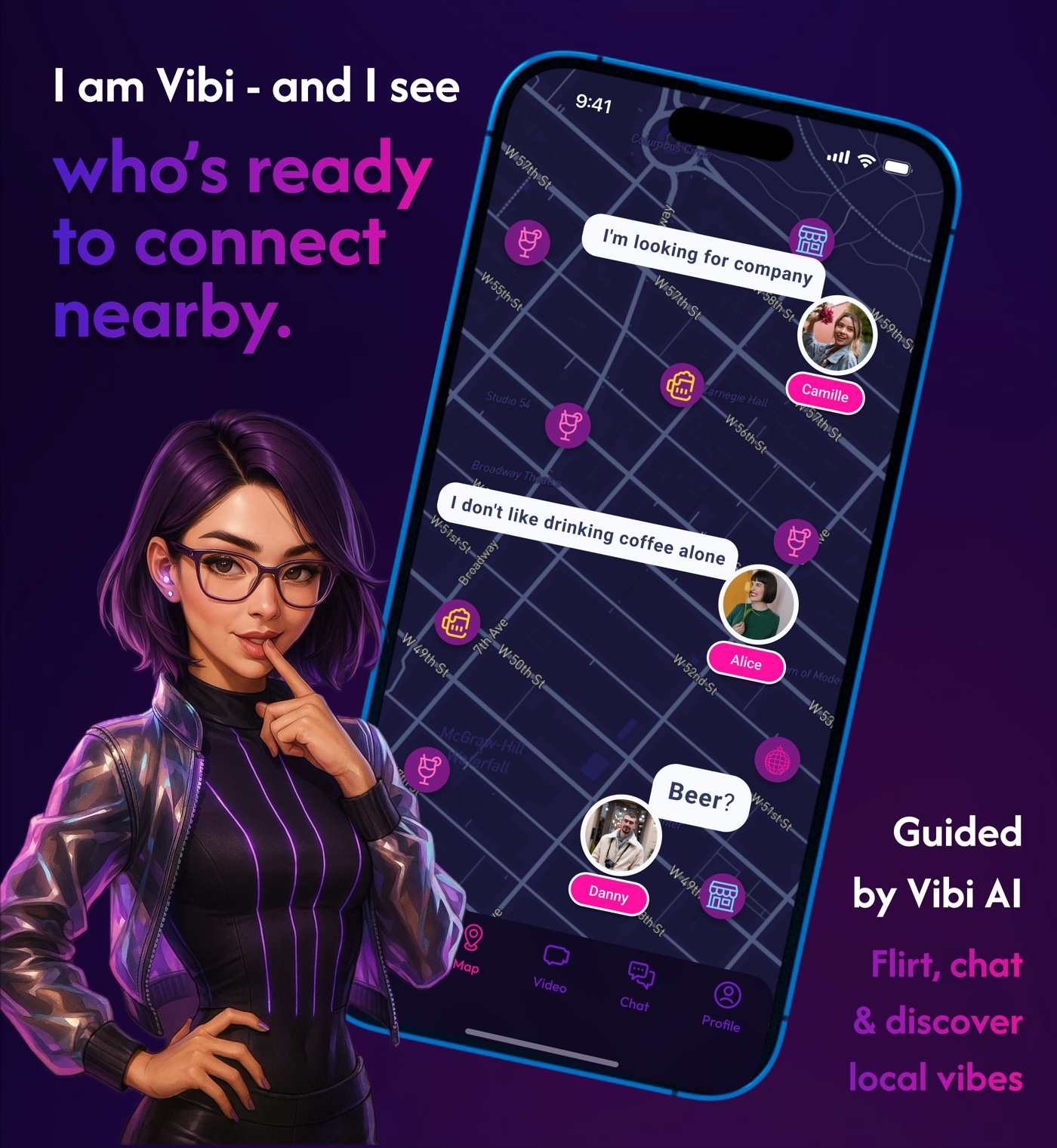 VibMe — AI companion Vibi showing people ready to connect nearby on a live social map